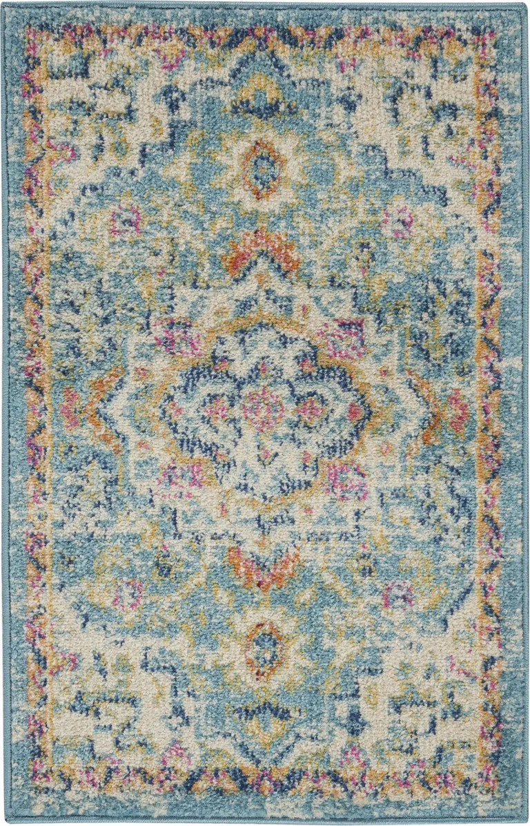 Light Blue and Ivory Distressed Scatter Rug Photo 1