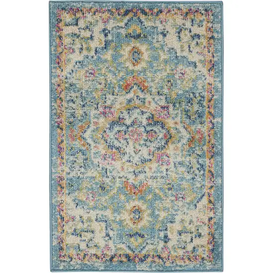 Ivory And Blue Oriental Distressed Area Rug Photo 2