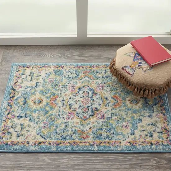 Ivory And Blue Oriental Distressed Area Rug Photo 9