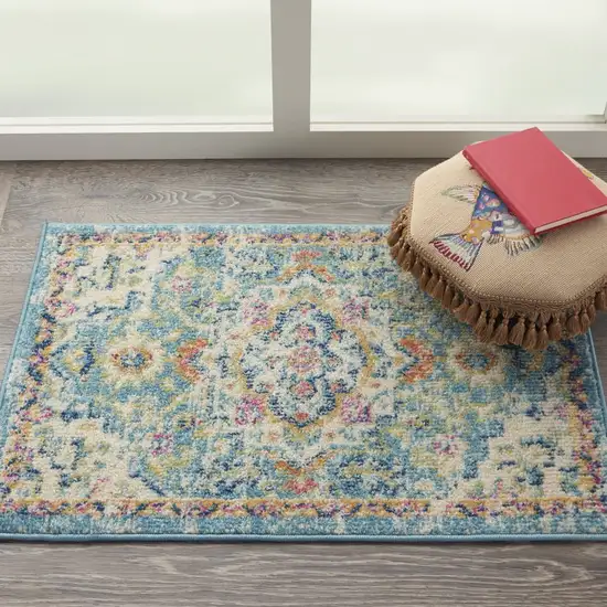 Light Blue and Ivory Distressed Scatter Rug Photo 6