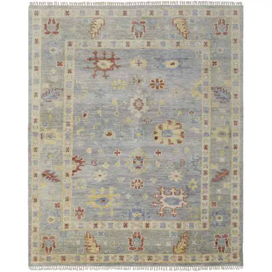 Light Blue and Taupe Wool Floral Hand Knotted Area Rug With Fringe Photo 5