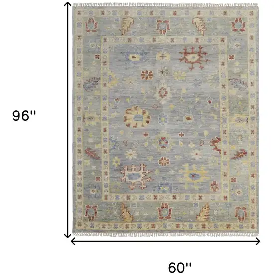 Light Blue and Taupe Wool Floral Hand Knotted Area Rug With Fringe Photo 3