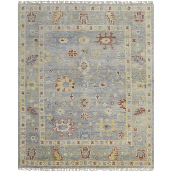 Light Blue and Taupe Wool Floral Hand Knotted Area Rug With Fringe Photo 2