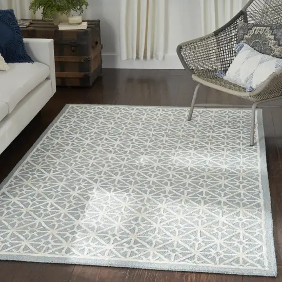 Light Blue and White Geometric Hand Tufted Area Rug Photo 7