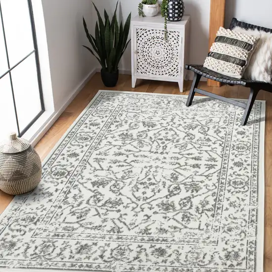 Light Gray Floral Power Loom Area Rug With Fringe Photo 5