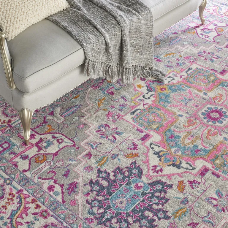 Light Gray and Pink Medallion Area Rug Photo 4