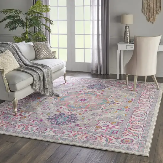 Light Gray and Pink Medallion Area Rug Photo 7