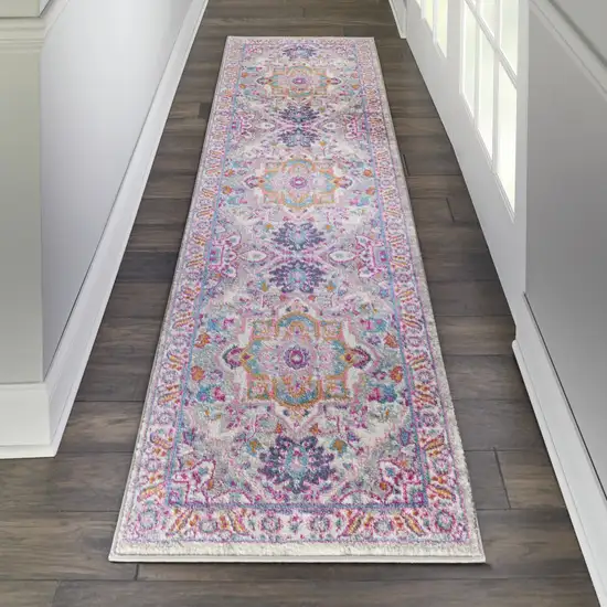 6' Light Gray And Pink Medallion Runner Rug Photo 8