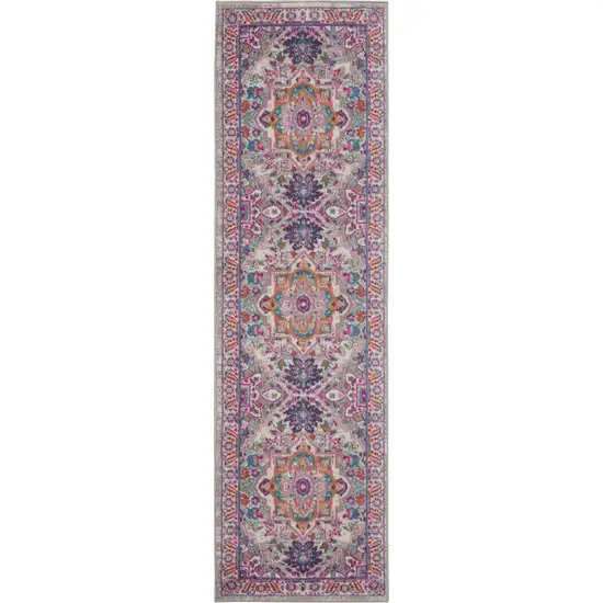 10' Light Gray And Pink Medallion Runner Rug Photo 1