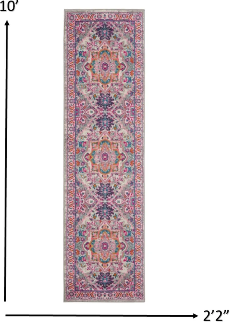 Light Gray and Pink Medallion Runner Rug Photo 3