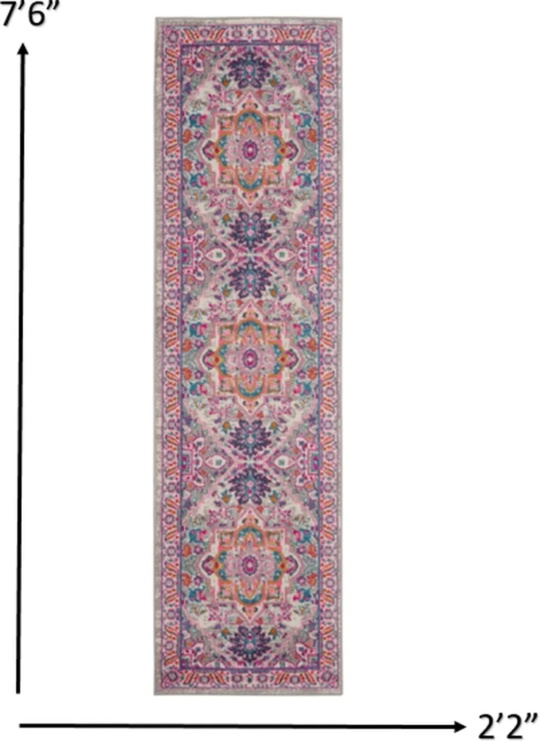 Light Gray and Pink Medallion Runner Rug Photo 3