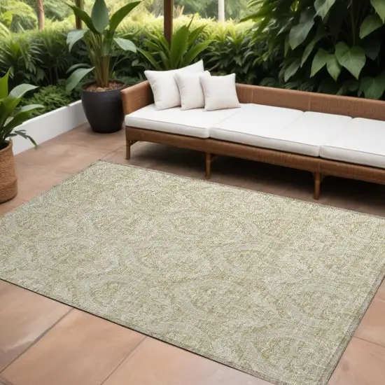 Light Green Damask Washable Non Skid Indoor Outdoor Area Rug Photo 1