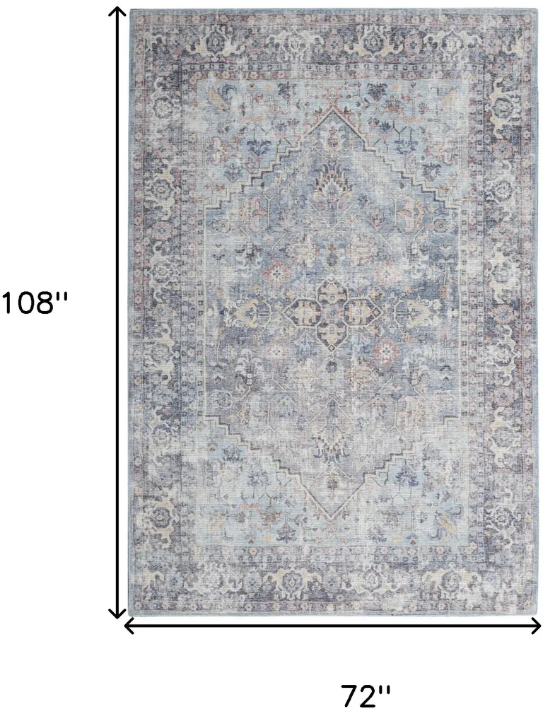 Light Grey And Blue Medallion Distressed Washable Area Rug Photo 5