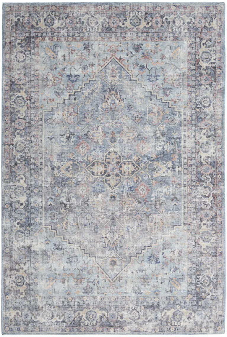 Light Grey And Blue Medallion Distressed Washable Area Rug Photo 1