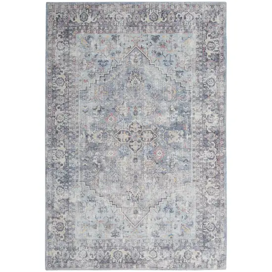 Light Grey And Blue Medallion Distressed Washable Area Rug Photo 1