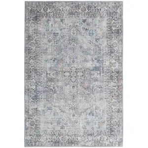 Photo of Light Grey And Blue Medallion Distressed Washable Area Rug