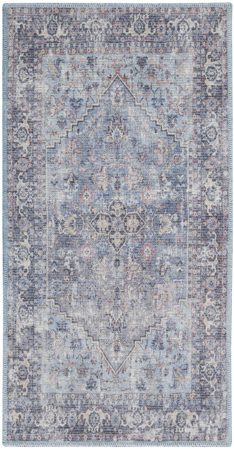 Light Grey And Blue Oriental Power Loom Distressed Washable Area Rug Photo 1