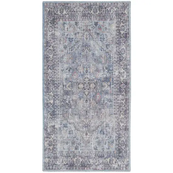 Light Grey And Blue Oriental Power Loom Distressed Washable Area Rug Photo 1