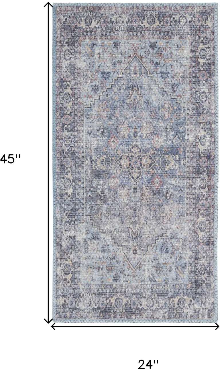 Light Grey And Blue Oriental Power Loom Distressed Washable Area Rug Photo 5