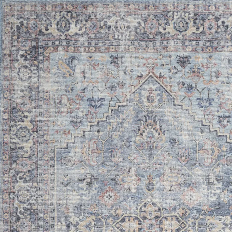 Light Grey And Blue Oriental Power Loom Distressed Washable Area Rug Photo 3