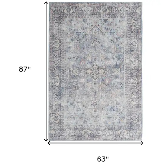 Light Grey And Blue Oriental Power Loom Distressed Washable Area Rug Photo 5