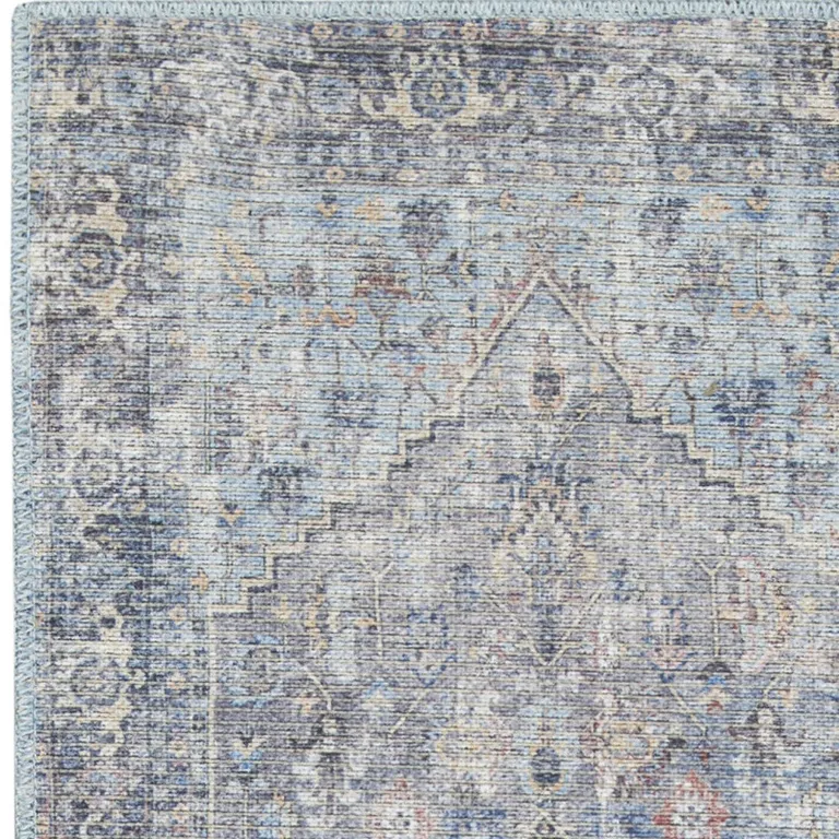 Light Grey And Blue Oriental Power Loom Distressed Washable Runner Rug Photo 3