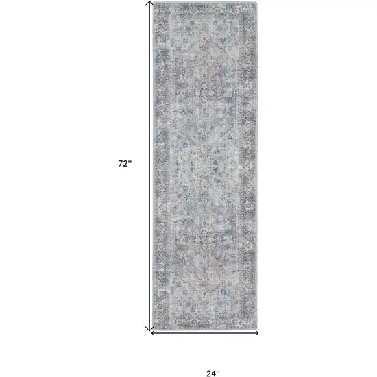 Light Grey And Blue Oriental Power Loom Distressed Washable Runner Rug Photo 5