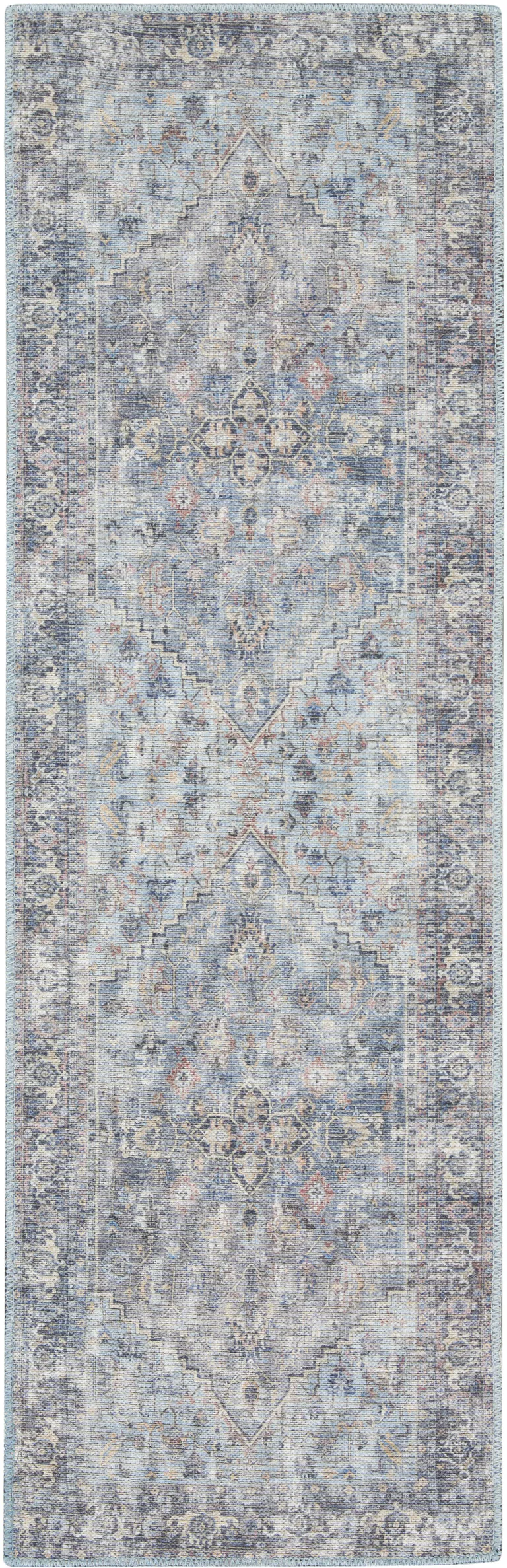 Light Grey And Blue Oriental Power Loom Distressed Washable Runner Rug Photo 1