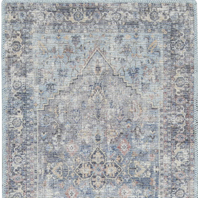 Light Grey And Blue Oriental Power Loom Distressed Washable Runner Rug Photo 4