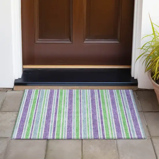 Green Purple and Blue Striped Washable Non Skid Indoor Outdoor Area Rug Photo 5