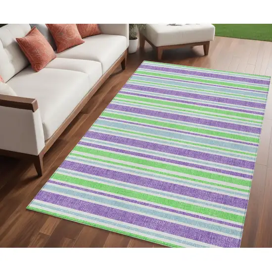 Green Purple and Blue Striped Washable Non Skid Indoor Outdoor Area Rug Photo 1