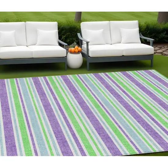 Green Purple and Blue Striped Washable Non Skid Indoor Outdoor Area Rug Photo 1