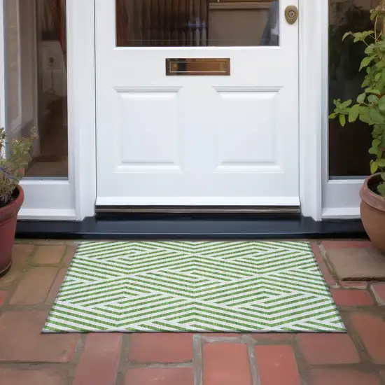 Lime Green and White Geometric Washable Non Skid Indoor Outdoor Area Rug Photo 6