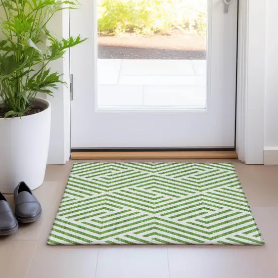 Lime Green and White Geometric Washable Non Skid Indoor Outdoor Area Rug Photo 7