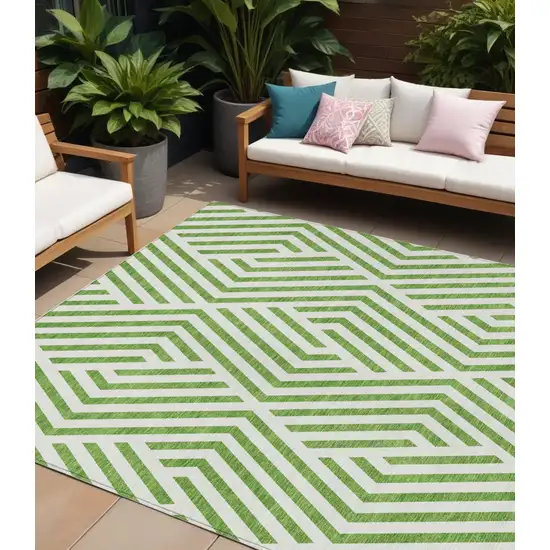 Lime Green and White Geometric Washable Non Skid Indoor Outdoor Area Rug Photo 1