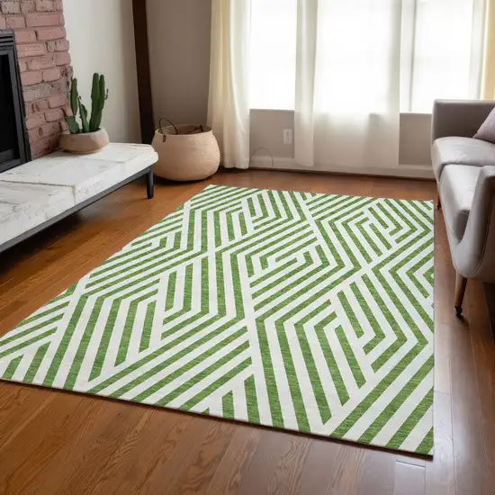 Lime Green and White Geometric Washable Non Skid Indoor Outdoor Area Rug Photo 8