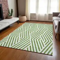 Photo of Lime Green and White Geometric Washable Non Skid Indoor Outdoor Area Rug