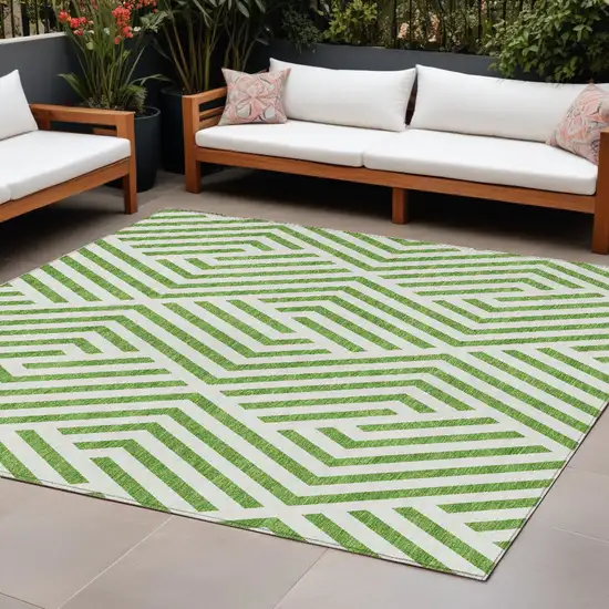 Lime Green and White Geometric Washable Non Skid Indoor Outdoor Area Rug Photo 1