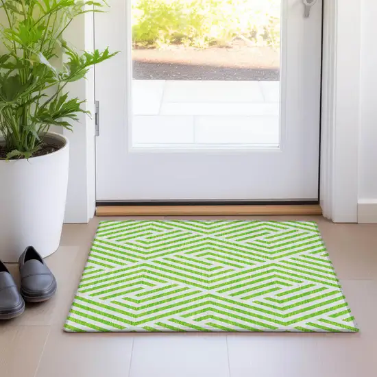 Lime Green and White Geometric Washable Non Skid Indoor Outdoor Area Rug Photo 9