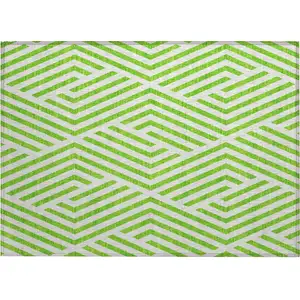 Photo of Lime Green and White Geometric Washable Non Skid Indoor Outdoor Area Rug