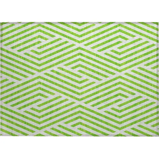 Lime Green and White Geometric Washable Non Skid Indoor Outdoor Area Rug Photo 2