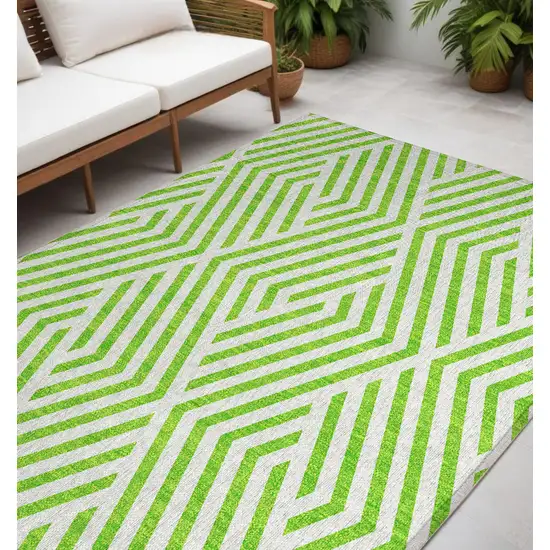 Lime Green and White Geometric Washable Non Skid Indoor Outdoor Area Rug Photo 1