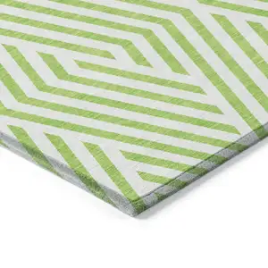 Photo of Lime Green and White Geometric Washable Non Skid Indoor Outdoor Area Rug