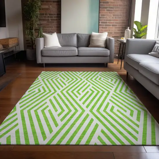 Lime Green and White Geometric Washable Non Skid Indoor Outdoor Area Rug Photo 9