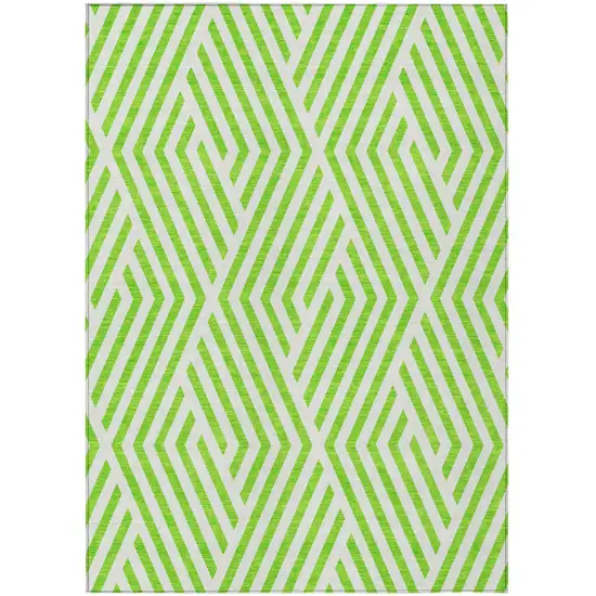 Lime Green and White Geometric Washable Non Skid Indoor Outdoor Area Rug Photo 2