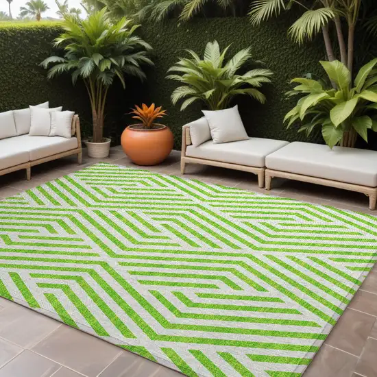 Lime Green and White Geometric Washable Non Skid Indoor Outdoor Area Rug Photo 1