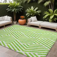 Photo of Lime Green and White Geometric Washable Non Skid Indoor Outdoor Area Rug