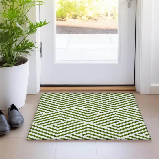 Lime Green and White Geometric Washable Non Skid Indoor Outdoor Area Rug Photo 8