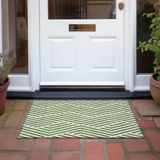 Lime Green and White Geometric Washable Non Skid Indoor Outdoor Area Rug Photo 7