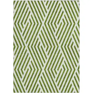 Photo of Lime Green and White Geometric Washable Non Skid Indoor Outdoor Area Rug